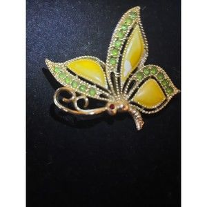 Butterfly Vintage Brooch Gold Tone Green Rhinestones  Yellow Enamel AS IS